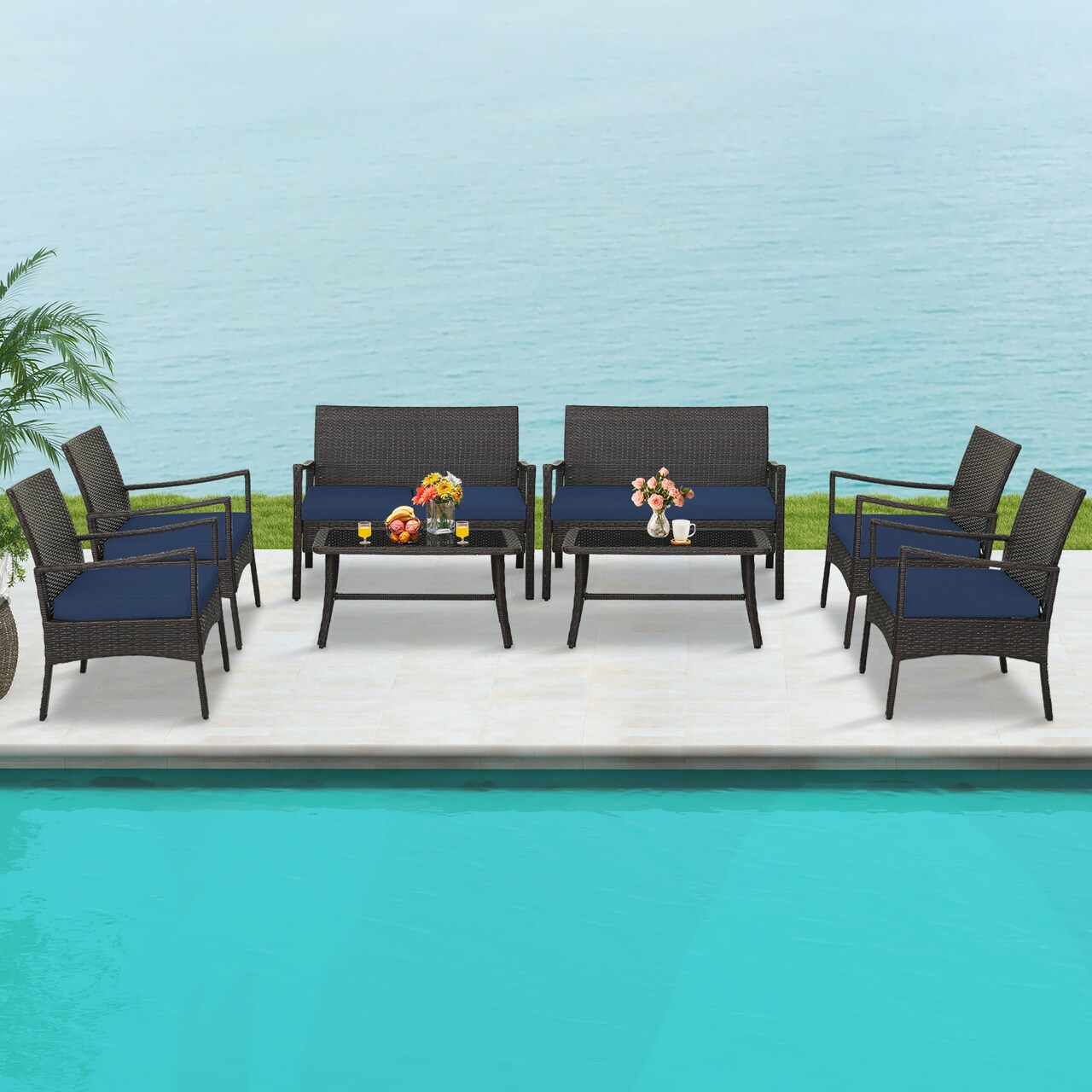 4 Pieces Outdoor Rattan Conversation Set with Tempered Glass Coffee Table